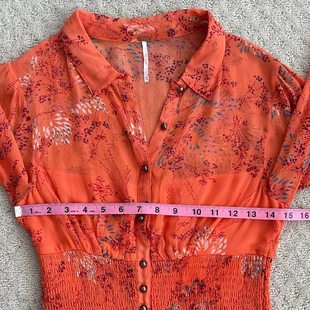 Free People Long Sleeve Smocked Mini Dress Orange XS Boho Festival Romantic
